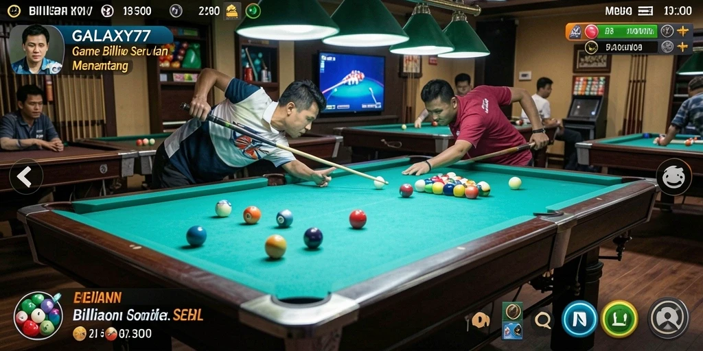 Tampilan antarmuka GALAXY77 dengan meja billiard yang elegan.