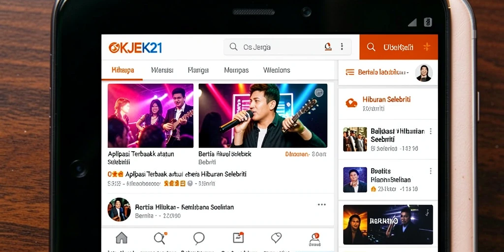 Antarmuka aplikasi OKJEK21 menampilkan berita hiburan selebriti terbaru.